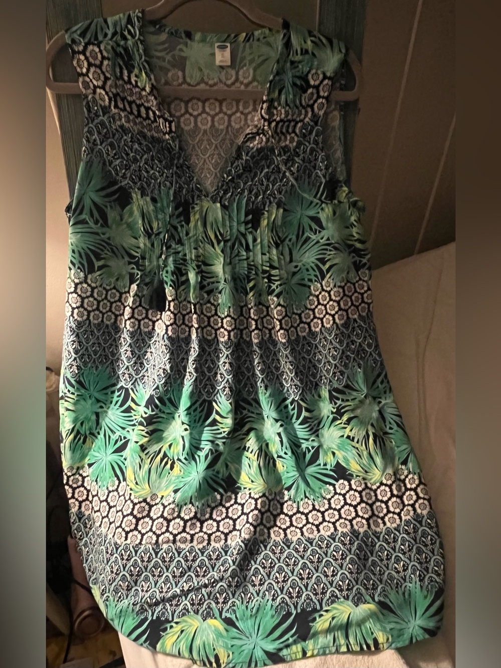 Old Navy Green and Navy Tropical Print V-Neck Dress